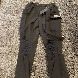 LF Carmar denim black joggers with rips and chain